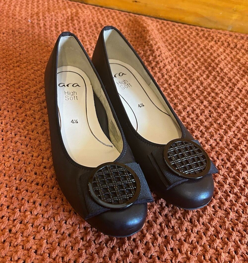 Ara High Soft Flats Black Leather Slip On Bow Round Buckle Round Toe 6.5 M